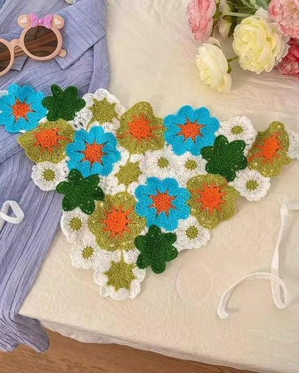 Handmade Floral Crochet Hair Bandana for Women & Girls – Bohemian Hollow-Out Triangle Head Scarf with Tie-Up Straps (Multicolor Floral) (VT-131)