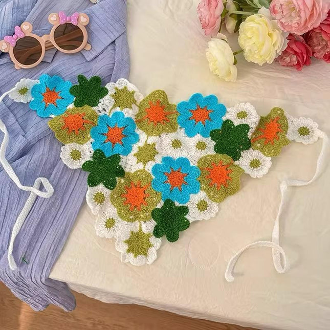 Handmade Floral Crochet Hair Bandana for Women & Girls – Bohemian Hollow-Out Triangle Head Scarf with Tie-Up Straps (Multicolor Floral) (VT-131)