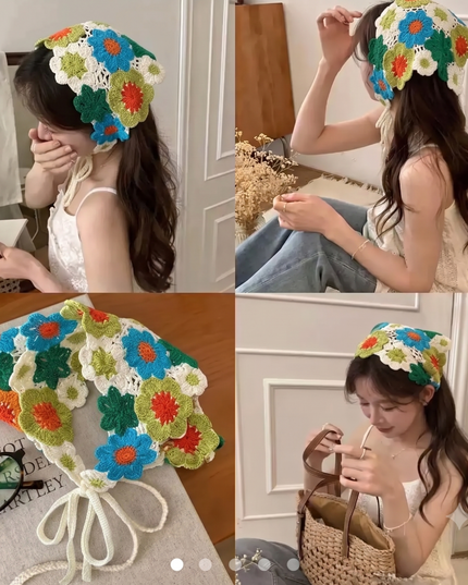Handmade Floral Crochet Hair Bandana for Women & Girls – Bohemian Hollow-Out Triangle Head Scarf with Tie-Up Straps (Multicolor Floral) (VT-131)