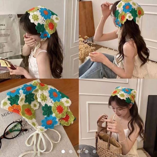 Handmade Floral Crochet Hair Bandana for Women & Girls – Bohemian Hollow-Out Triangle Head Scarf with Tie-Up Straps (Multicolor Floral) (VT-131)