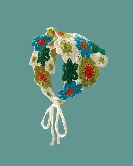 Handmade Floral Crochet Hair Bandana for Women & Girls – Bohemian Hollow-Out Triangle Head Scarf with Tie-Up Straps (Multicolor Floral) (VT-131)