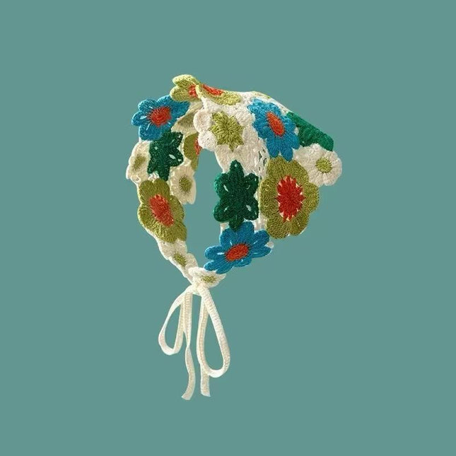 Handmade Floral Crochet Hair Bandana for Women & Girls – Bohemian Hollow-Out Triangle Head Scarf with Tie-Up Straps (Multicolor Floral) (VT-131)