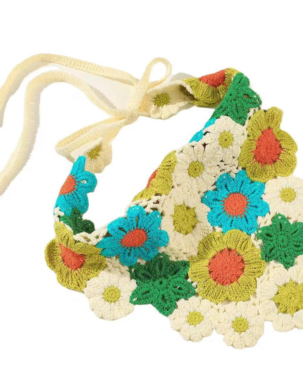 Handmade Floral Crochet Hair Bandana for Women & Girls – Bohemian Hollow-Out Triangle Head Scarf with Tie-Up Straps (Multicolor Floral) (VT-131)