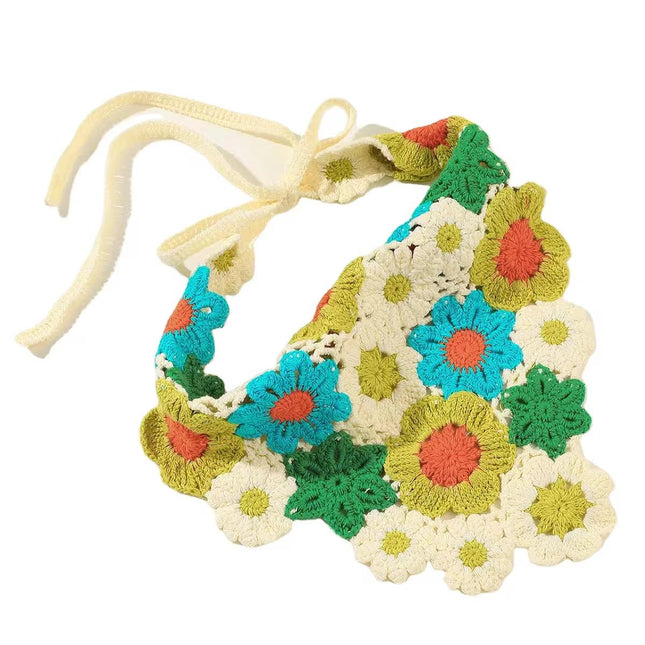Handmade Floral Crochet Hair Bandana for Women & Girls – Bohemian Hollow-Out Triangle Head Scarf with Tie-Up Straps (Multicolor Floral) (VT-131)