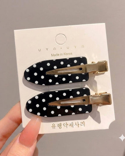 Korean Black & White Polka Dot Hair Clips for Girls & Women – Retro Acrylic Duckbill Hair Pins Set of 2 (Gold Metal Grip) (VT-141)
