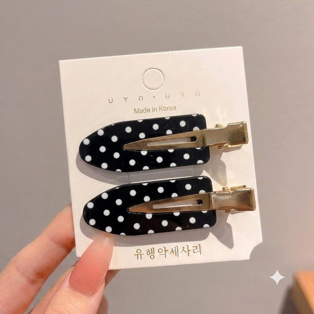 Korean Black & White Polka Dot Hair Clips for Girls & Women – Retro Acrylic Duckbill Hair Pins Set of 2 (Gold Metal Grip) (VT-141)