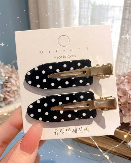 Korean Black & White Polka Dot Hair Clips for Girls & Women – Retro Acrylic Duckbill Hair Pins Set of 2 (Gold Metal Grip) (VT-141)