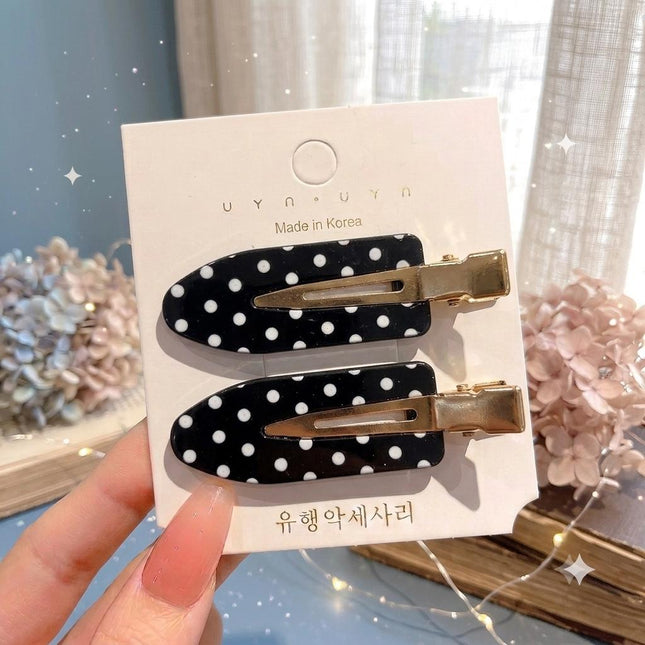 Korean Black & White Polka Dot Hair Clips for Girls & Women – Retro Acrylic Duckbill Hair Pins Set of 2 (Gold Metal Grip) (VT-141)
