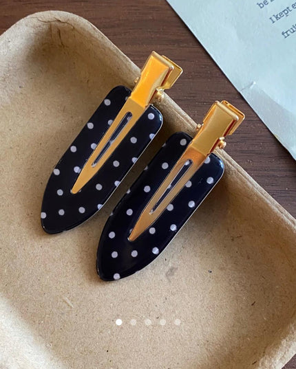 Korean Black & White Polka Dot Hair Clips for Girls & Women – Retro Acrylic Duckbill Hair Pins Set of 2 (Gold Metal Grip) (VT-141)