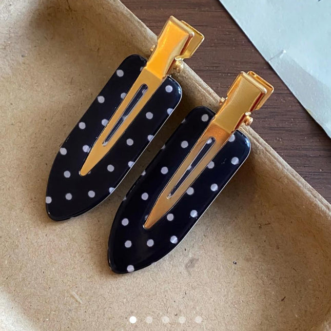 Korean Black & White Polka Dot Hair Clips for Girls & Women – Retro Acrylic Duckbill Hair Pins Set of 2 (Gold Metal Grip) (VT-141)