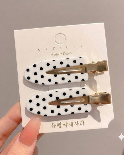 Korean White & Black Polka Dot Hair Clips for Girls & Women – Retro Acrylic Duckbill Hair Pins Set of 2 (Gold Metal Grip) (VT-142)