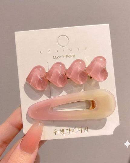 Korean Aesthetic Pink Heart & Ombre Hair Clips for Girls & Women – Acrylic Duckbill & Snap Pin Set of 2 (Jelly Hearts & Pastel Gradient) (VT-143)