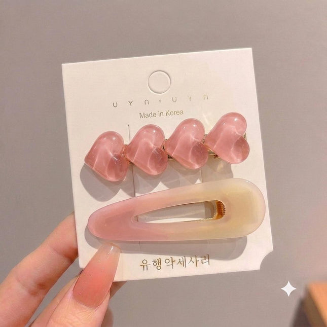 Korean Aesthetic Pink Heart & Ombre Hair Clips for Girls & Women – Acrylic Duckbill & Snap Pin Set of 2 (Jelly Hearts & Pastel Gradient) (VT-143)