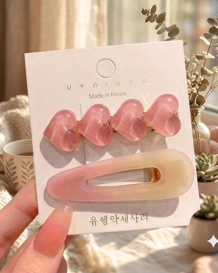 Korean Aesthetic Pink Heart & Ombre Hair Clips for Girls & Women – Acrylic Duckbill & Snap Pin Set of 2 (Jelly Hearts & Pastel Gradient) (VT-143)