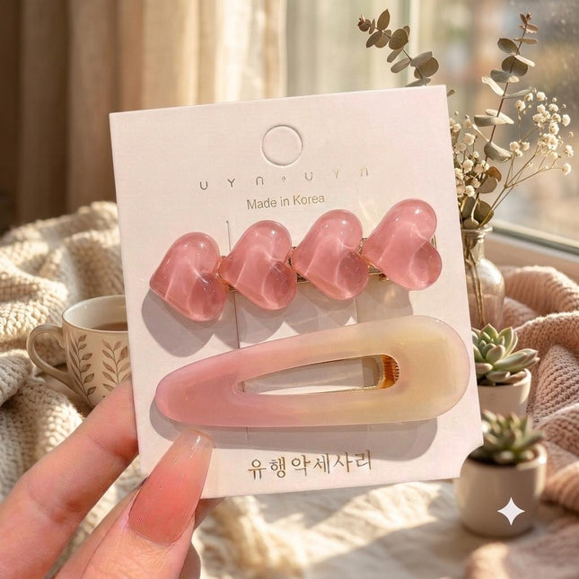 Korean Aesthetic Pink Heart & Ombre Hair Clips for Girls & Women – Acrylic Duckbill & Snap Pin Set of 2 (Jelly Hearts & Pastel Gradient) (VT-143)