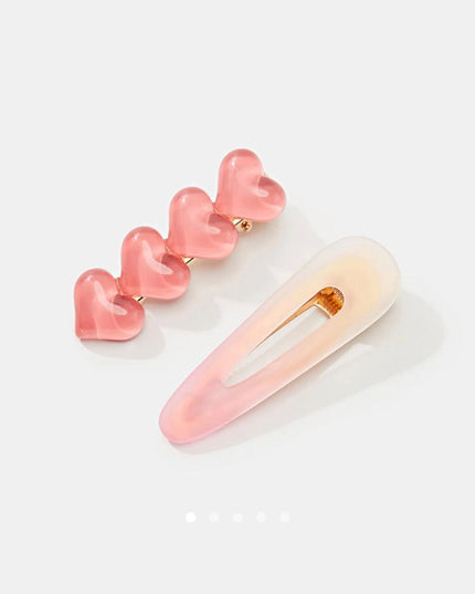 Korean Aesthetic Pink Heart & Ombre Hair Clips for Girls & Women – Acrylic Duckbill & Snap Pin Set of 2 (Jelly Hearts & Pastel Gradient) (VT-143)