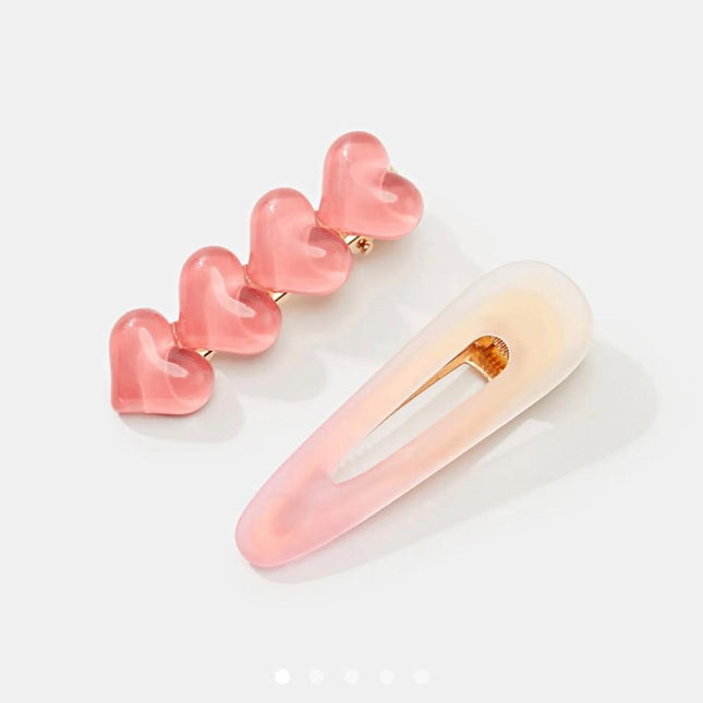 Korean Aesthetic Pink Heart & Ombre Hair Clips for Girls & Women – Acrylic Duckbill & Snap Pin Set of 2 (Jelly Hearts & Pastel Gradient) (VT-143)