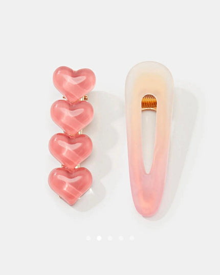 Korean Aesthetic Pink Heart & Ombre Hair Clips for Girls & Women – Acrylic Duckbill & Snap Pin Set of 2 (Jelly Hearts & Pastel Gradient) (VT-143)