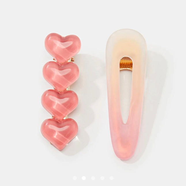 Korean Aesthetic Pink Heart & Ombre Hair Clips for Girls & Women – Acrylic Duckbill & Snap Pin Set of 2 (Jelly Hearts & Pastel Gradient) (VT-143)