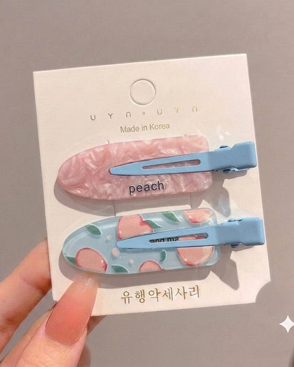 Korean Aesthetic Peach Hair Clips for Girls & Women – Pastel Marble & Fruit Acrylic Duckbill Hair Pins Set of 2 (Pink & Sky Blue) (VT-144)