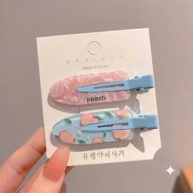 Korean Aesthetic Peach Hair Clips for Girls & Women – Pastel Marble & Fruit Acrylic Duckbill Hair Pins Set of 2 (Pink & Sky Blue) (VT-144)