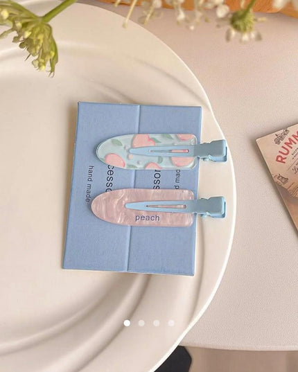 Korean Aesthetic Peach Hair Clips for Girls & Women – Pastel Marble & Fruit Acrylic Duckbill Hair Pins Set of 2 (Pink & Sky Blue) (VT-144)