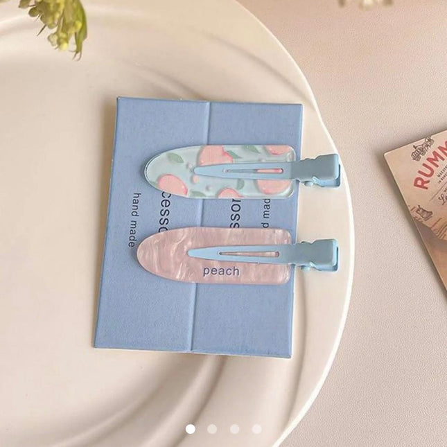 Korean Aesthetic Peach Hair Clips for Girls & Women – Pastel Marble & Fruit Acrylic Duckbill Hair Pins Set of 2 (Pink & Sky Blue) (VT-144)