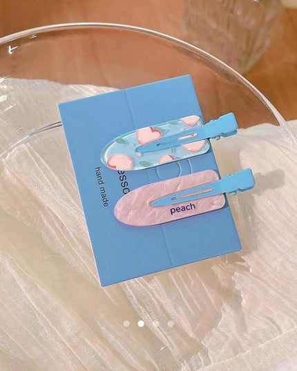 Korean Aesthetic Peach Hair Clips for Girls & Women – Pastel Marble & Fruit Acrylic Duckbill Hair Pins Set of 2 (Pink & Sky Blue) (VT-144)