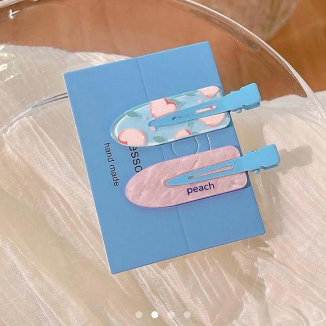 Korean Aesthetic Peach Hair Clips for Girls & Women – Pastel Marble & Fruit Acrylic Duckbill Hair Pins Set of 2 (Pink & Sky Blue) (VT-144)