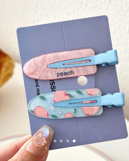 Korean Aesthetic Peach Hair Clips for Girls & Women – Pastel Marble & Fruit Acrylic Duckbill Hair Pins Set of 2 (Pink & Sky Blue) (VT-144)