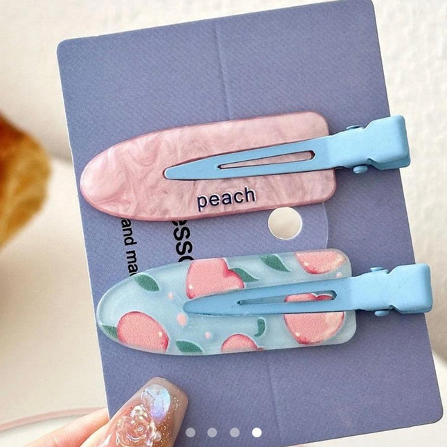 Korean Aesthetic Peach Hair Clips for Girls & Women – Pastel Marble & Fruit Acrylic Duckbill Hair Pins Set of 2 (Pink & Sky Blue) (VT-144)
