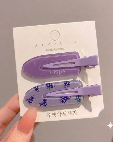 Korean Aesthetic Grape Hair Clips for Girls & Women – Pastel Purple Acrylic Duckbill Hair Pins Set of 2 (Lavender & Fruit Print) (VT-145)