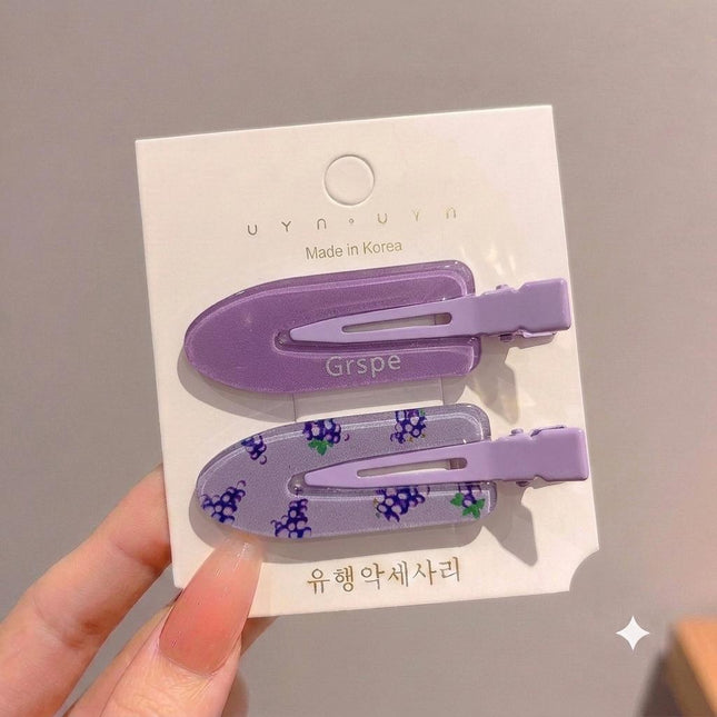 Korean Aesthetic Grape Hair Clips for Girls & Women – Pastel Purple Acrylic Duckbill Hair Pins Set of 2 (Lavender & Fruit Print) (VT-145)