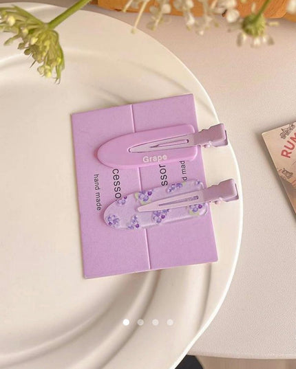 Korean Aesthetic Grape Hair Clips for Girls & Women – Pastel Purple Acrylic Duckbill Hair Pins Set of 2 (Lavender & Fruit Print) (VT-145)