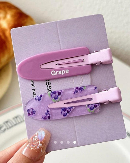 Korean Aesthetic Grape Hair Clips for Girls & Women – Pastel Purple Acrylic Duckbill Hair Pins Set of 2 (Lavender & Fruit Print) (VT-145)