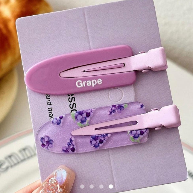 Korean Aesthetic Grape Hair Clips for Girls & Women – Pastel Purple Acrylic Duckbill Hair Pins Set of 2 (Lavender & Fruit Print) (VT-145)