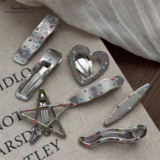 7PC Korean Aesthetic Silver Metallic Hair Clips for Girls & Women – Y2K Dotted Metal Duckbill Pins & Snap Clips (Star, Heart & Wavy Shapes) (VT-146)