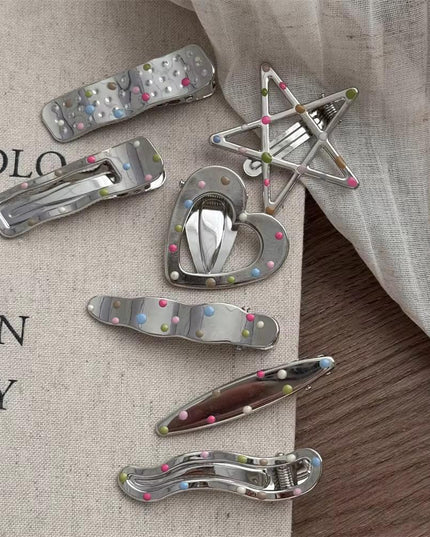 7PC Korean Aesthetic Silver Metallic Hair Clips for Girls & Women – Y2K Dotted Metal Duckbill Pins & Snap Clips (Star, Heart & Wavy Shapes) (VT-146)