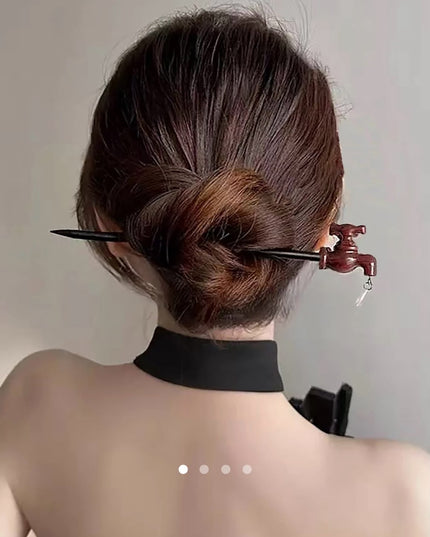 Korean Aesthetic Water Tap Hair Stick for Women & Girls – Unique Vintage Faucet Hairpin with Crystal Waterdrop Tassel (Brown & Black) (VT-147)