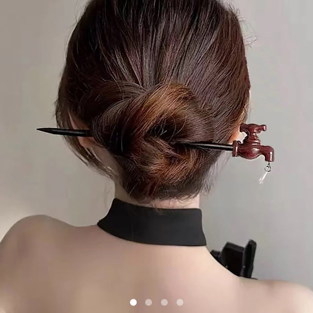 Korean Aesthetic Water Tap Hair Stick for Women & Girls – Unique Vintage Faucet Hairpin with Crystal Waterdrop Tassel (Brown & Black) (VT-147)