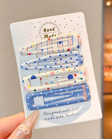 Korean Aesthetic Blue & White Hair Clips Combo for Girls & Women – Printed Fabric/Matte Snap Pins & Rectangle Clips Set of 4 (Polka Dots & Striped Plaid) (VT-148)