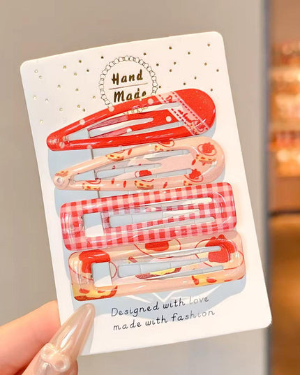 Korean Aesthetic Red & Pink Hair Clips Combo for Girls & Women – Printed Snap Pins & Rectangle BB Clips Set of 4 (Gingham Plaid & Cute Bakery Desserts) (VT-149)