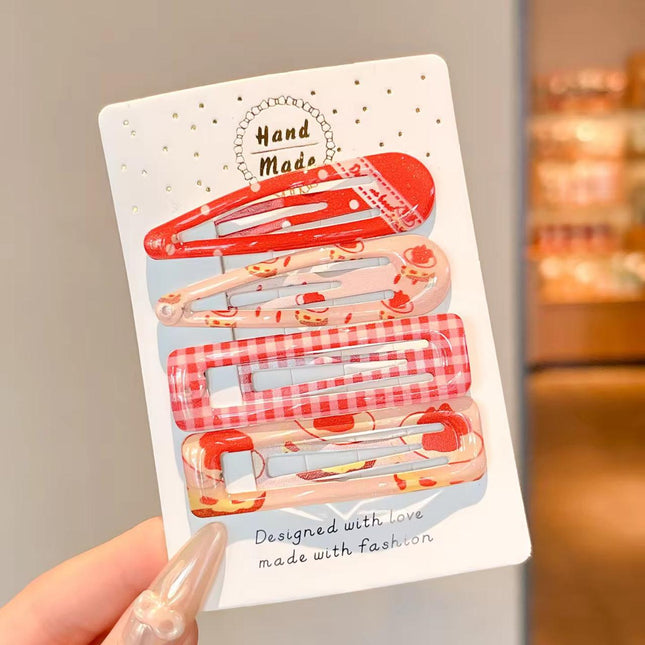 Korean Aesthetic Red & Pink Hair Clips Combo for Girls & Women – Printed Snap Pins & Rectangle BB Clips Set of 4 (Gingham Plaid & Cute Bakery Desserts) (VT-149)