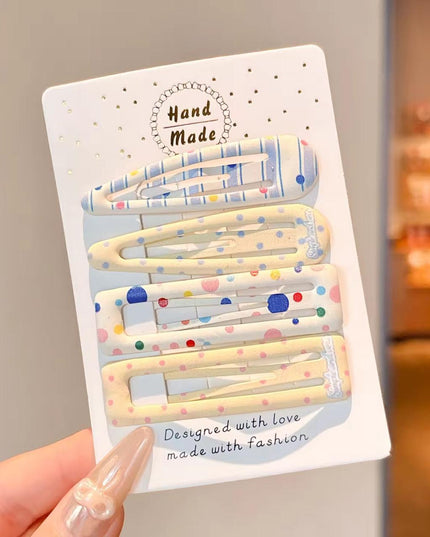 Korean Aesthetic Pastel Yellow & Blue Hair Clips Combo for Girls & Women – Printed BB Snap Pins & Rectangle Clips Set of 4 (Polka Dots & Striped Plaid) (VT-150)