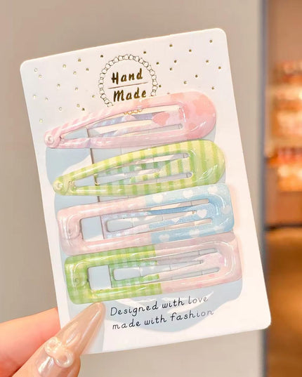 Korean Aesthetic Pastel Glitter Hair Clips Combo for Girls & Women – Glossy Shimmer BB Snap Pins & Rectangle Clips Set of 4 (Gingham Plaid, Hearts & Stripes) (VT-151)