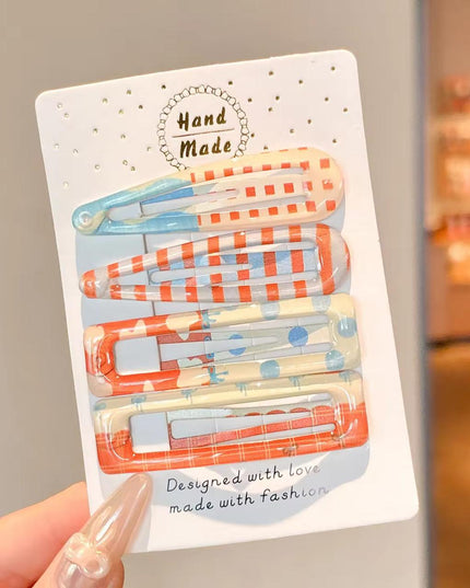 Korean Aesthetic Peach Orange & Sky Blue Hair Clips Combo for Girls & Women – Printed BB Snap Pins & Rectangle Clips Set of 4 (Gingham Plaid, Polka Dots & Swirls) (VT-152)