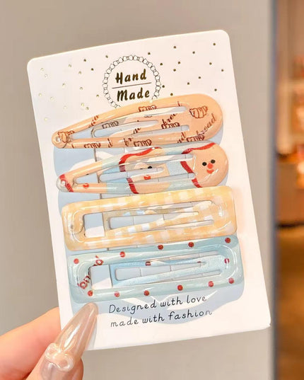 Korean Aesthetic Pastel Peach & Sky Blue Hair Clips Combo for Girls & Women – Printed BB Snap Pins & Rectangle Clips Set of 4 (Cute Toast/Bakery, Plaid & Polka Dots) (VT-153)