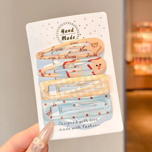 Korean Aesthetic Pastel Peach & Sky Blue Hair Clips Combo for Girls & Women – Printed BB Snap Pins & Rectangle Clips Set of 4 (Cute Toast/Bakery, Plaid & Polka Dots) (VT-153)
