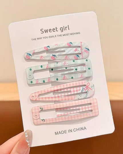 Korean Aesthetic Mint Green & Pastel Pink Hair Clips Combo for Girls & Women – Coquette Ribbon & Plaid BB Snap Pins Set of 4 (Cherries, Bows & Gingham Check) (VT-155)