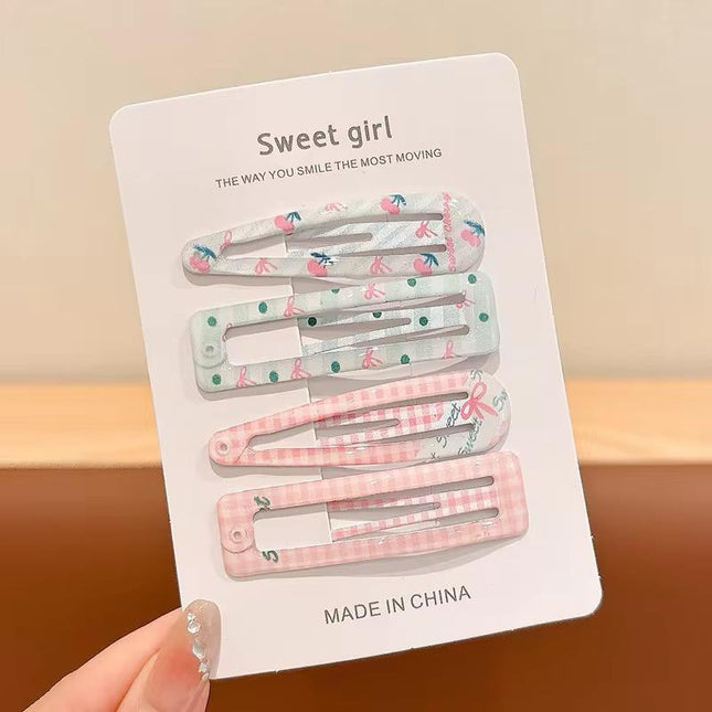 Korean Aesthetic Mint Green & Pastel Pink Hair Clips Combo for Girls & Women – Coquette Ribbon & Plaid BB Snap Pins Set of 4 (Cherries, Bows & Gingham Check) (VT-155)